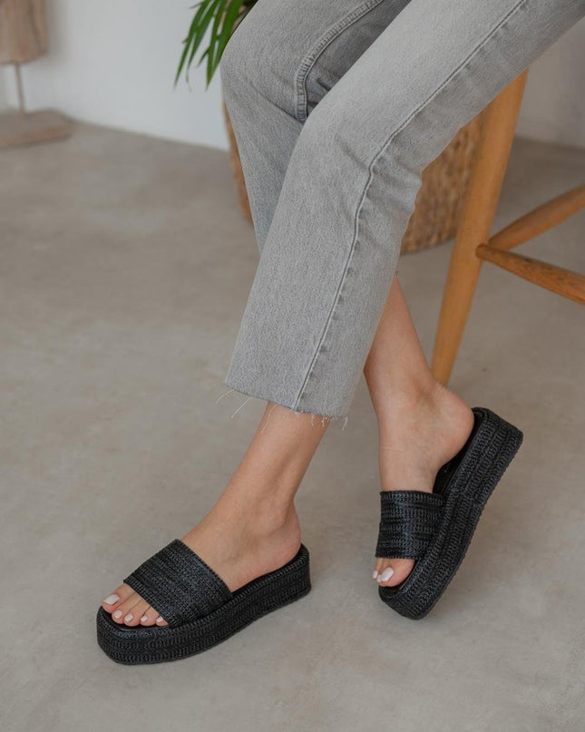 Harper Black Straw Slippers -972