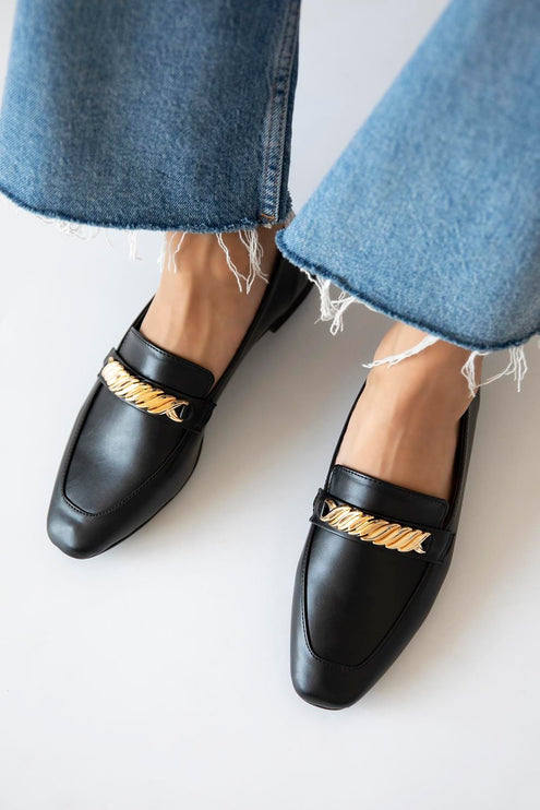 حذاء باليرينا نسائي من هونغ مصنوع من الجلد باللون الأسود F312