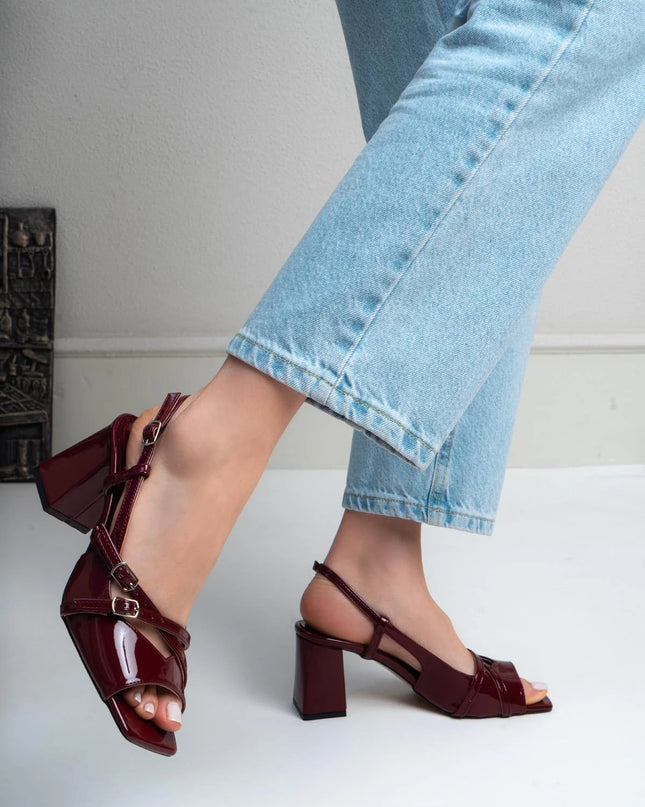 Hyper Burgundy Patent Leather Belt Detail Ankle Tied Women's Heeled Shoes ║1035