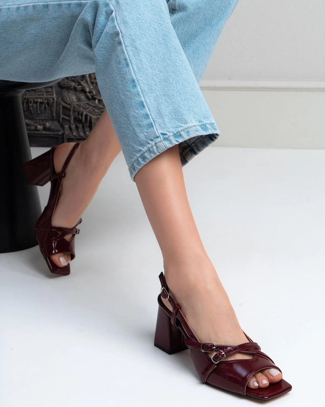 Hyper Burgundy Patent Leather Belt Detail Ankle Tied Women's Heeled Shoes ║1035