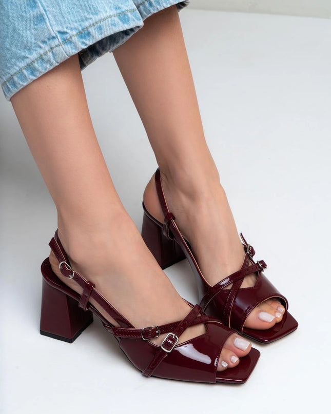 Hyper Burgundy Patent Leather Belt Detail Ankle Tied Women's Heeled Shoes ║1035