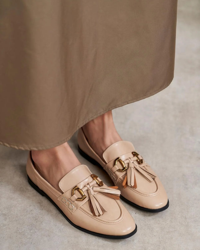 Logan Beige Matte Tassel Detail Flat Sole Ballerinas F85