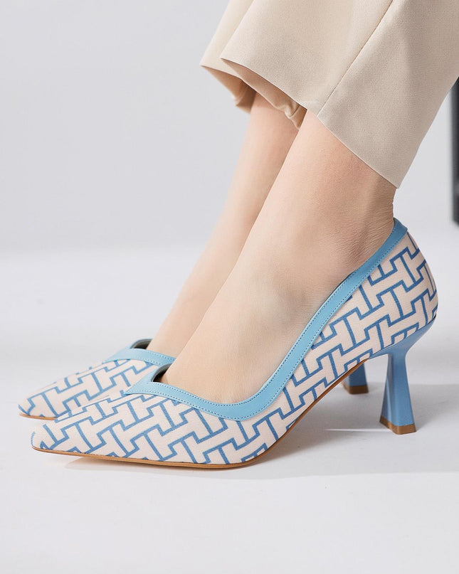 Lottis Blue Geometric Patterned Pointed Toe Heeled Shoes ║1030