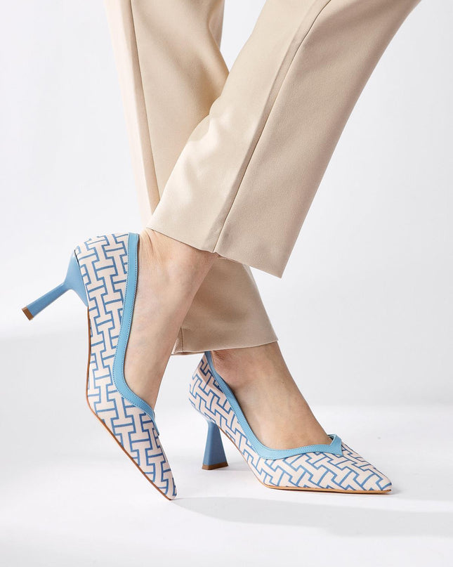 Lottis Blue Geometric Patterned Pointed Toe Heeled Shoes ║1030