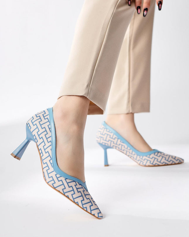 Lottis Blue Geometric Patterned Pointed Toe Heeled Shoes ║1030