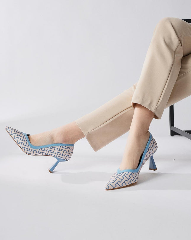 Lottis Blue Geometric Patterned Pointed Toe Heeled Shoes ║1030