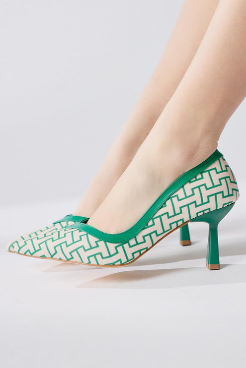 Lottis Blue Geometric Patterned Pointed Toe Heeled Shoes ║1030