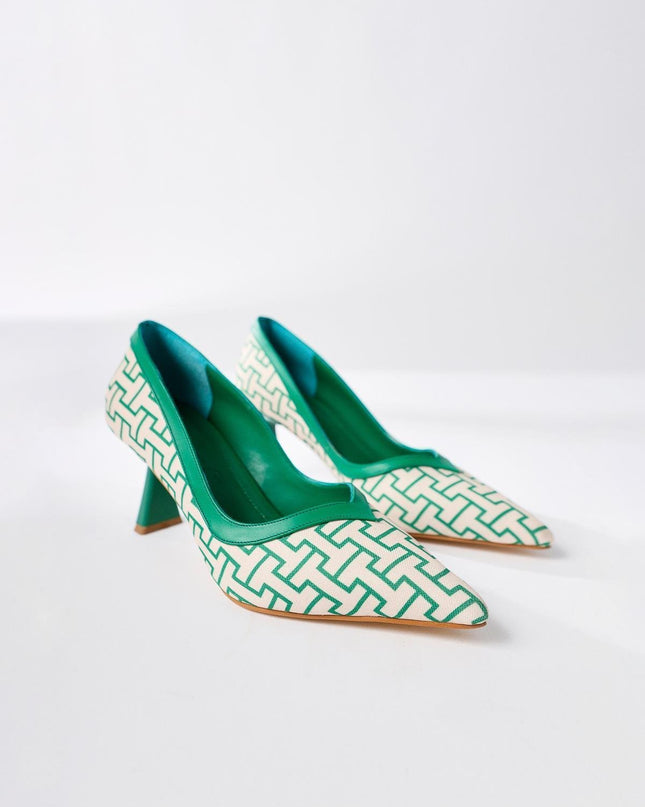 Lottis Blue Geometric Patterned Pointed Toe Heeled Shoes ║1030