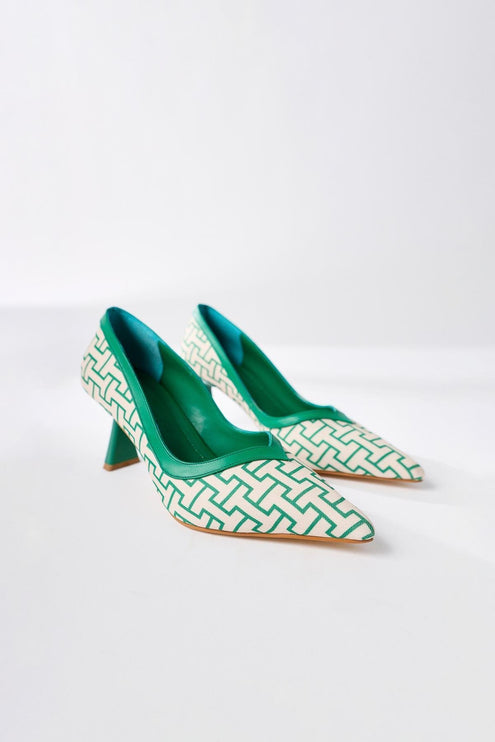 Lottis Blue Geometric Patterned Pointed Toe Heeled Shoes ║1030