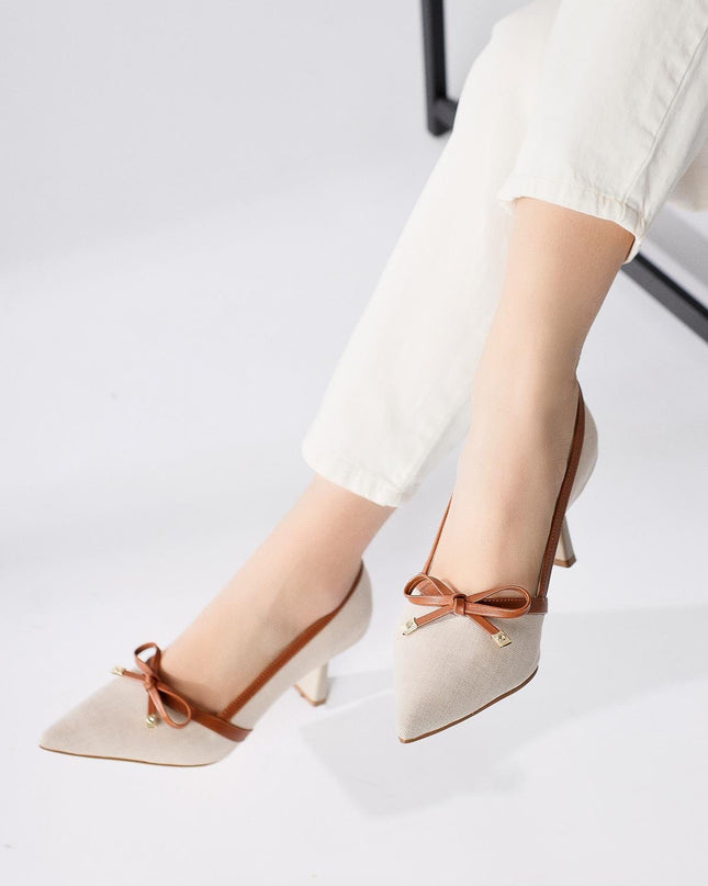 Loviisa Beige-Brown Bow Detailed Heeled Shoes 571║