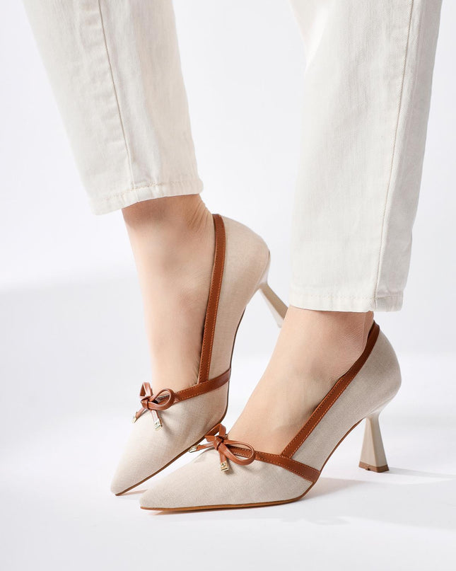 Loviisa Beige-Brown Bow Detailed Heeled Shoes 571║