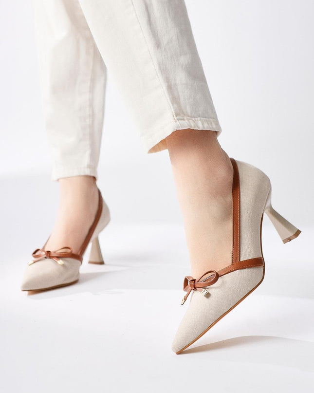 Loviisa Beige-Brown Bow Detailed Heeled Shoes 571║