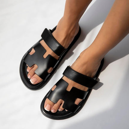 Palmeira Women's Velcro Leather Slippers Beige - Black