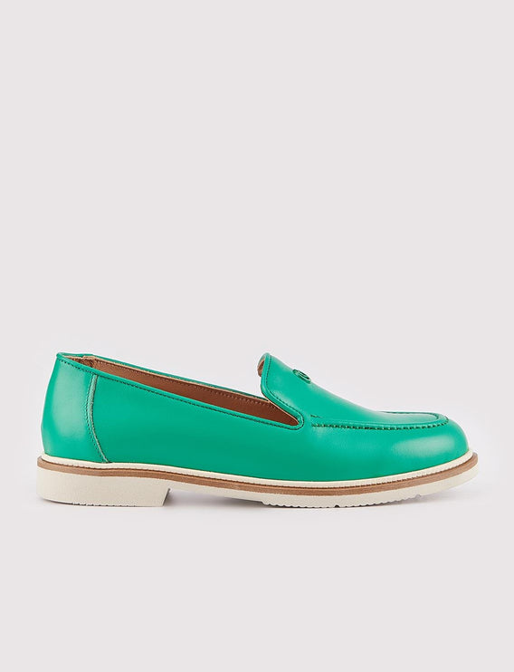 Polyurethane Sole Genuine Leather Green Women's Loafer Shoes -359