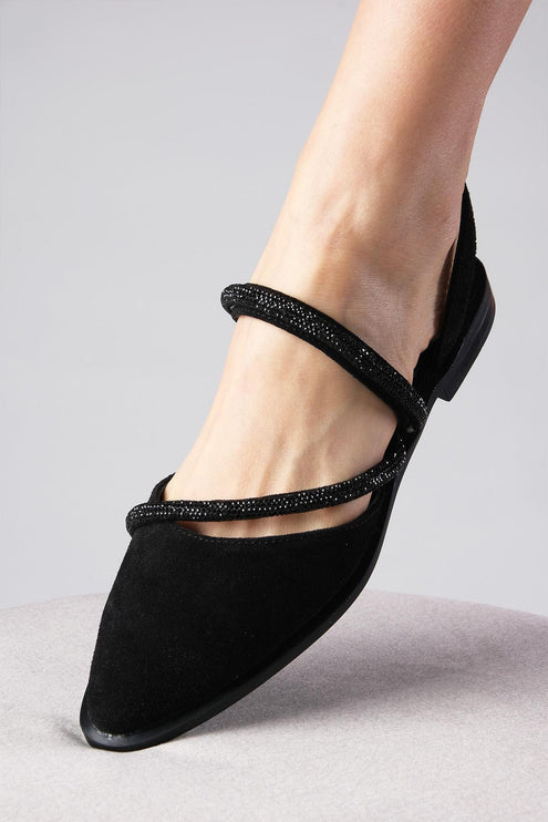 حذاء باليرينا من جلد الغزال الأصلي مصنوع من الحجر الأسود F12