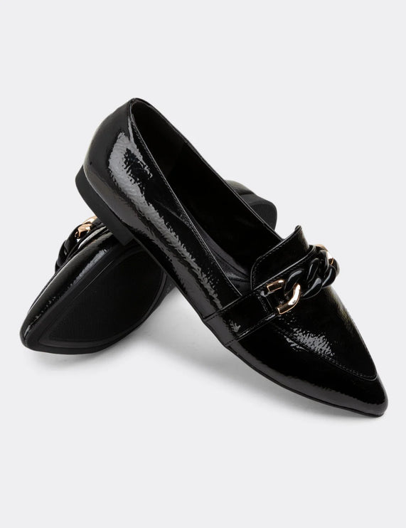 Patent Leather Black Buckle Detailed Women's Ballerinas F27