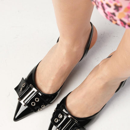 Sheri Black Color Patent Leather Heeled Shoes 89║