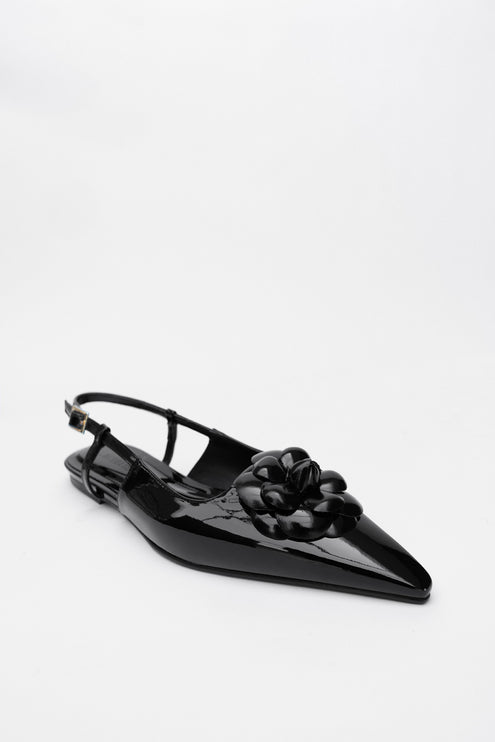 Poınted Toe Flower Detaıled Open Back Black Patent Leather F69