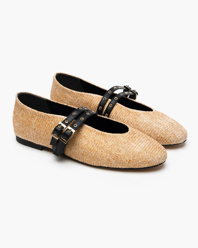 Tamara Green Straw Double Belt Detail Flat Sole Women's Ballerinas F317