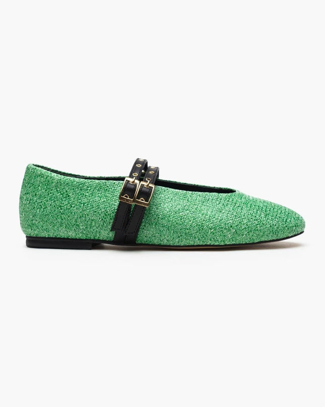 Tamara Green Straw Double Belt Detail Flat Sole Women's Ballerinas F317