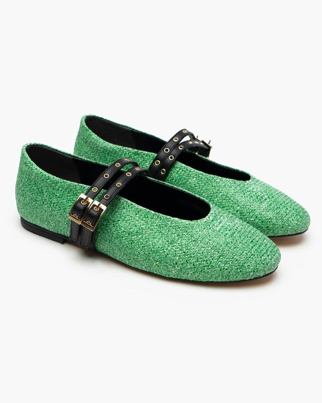 Tamara Green Straw Double Belt Detail Flat Sole Women's Ballerinas F317