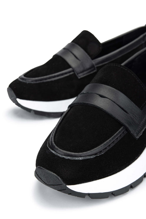 حذاء لوفر نسائي من الجلد الطبيعي باللون الأسود من جلد الغزال H12
