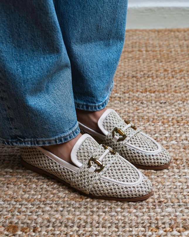 Temple Beige Knitted Straw Accessory Detailed Flat Sole Women's Ballerinas F304