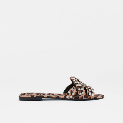 LEOPARD SLIPPERS WITH CRYSTAL STONE STRIP DETAIL -978