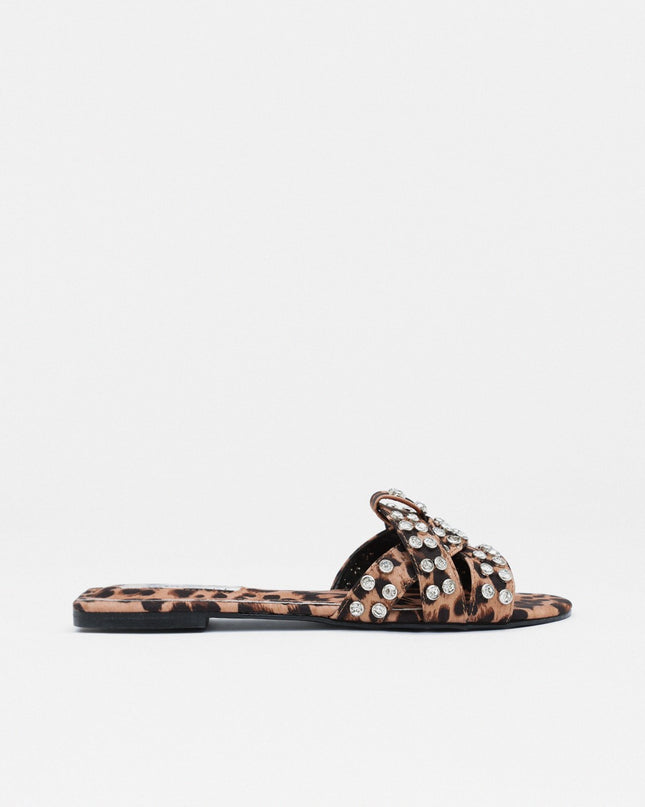 LEOPARD SLIPPERS WITH CRYSTAL STONE STRIP DETAIL -978