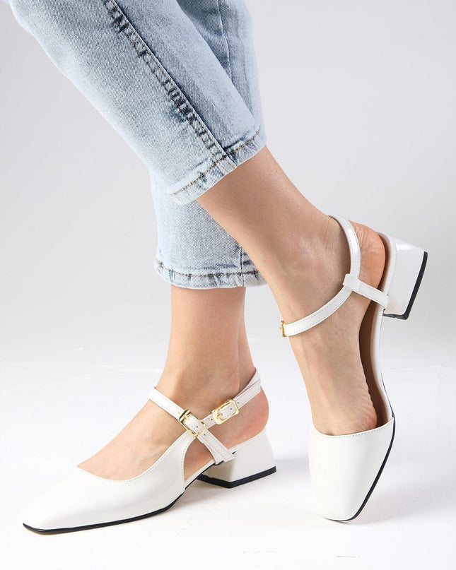 Thea White Color Low Heeled Shoes ║1044